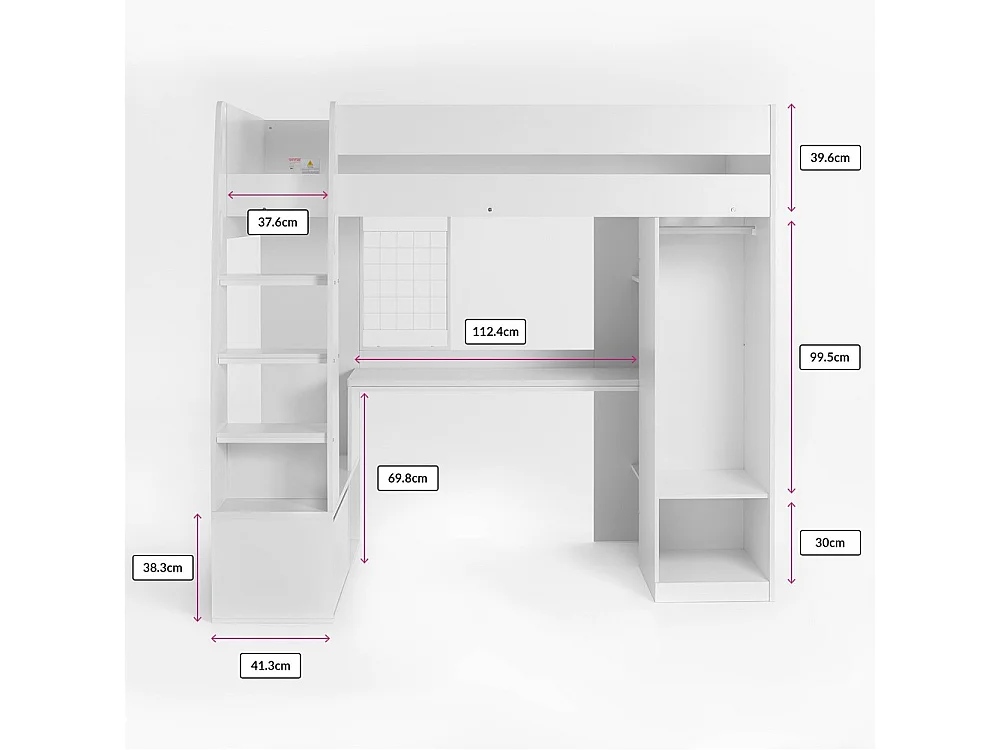 Flair Harry High Sleeper with Desk & Wardrobe White