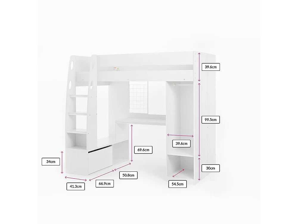 Flair Harry High Sleeper with Desk & Wardrobe White