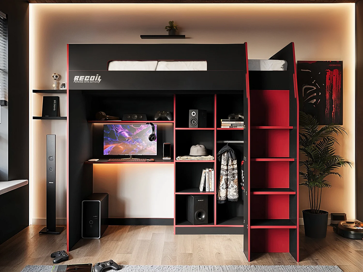 Flair Summit Gaming High Sleeper with Wardrobe Black & Red