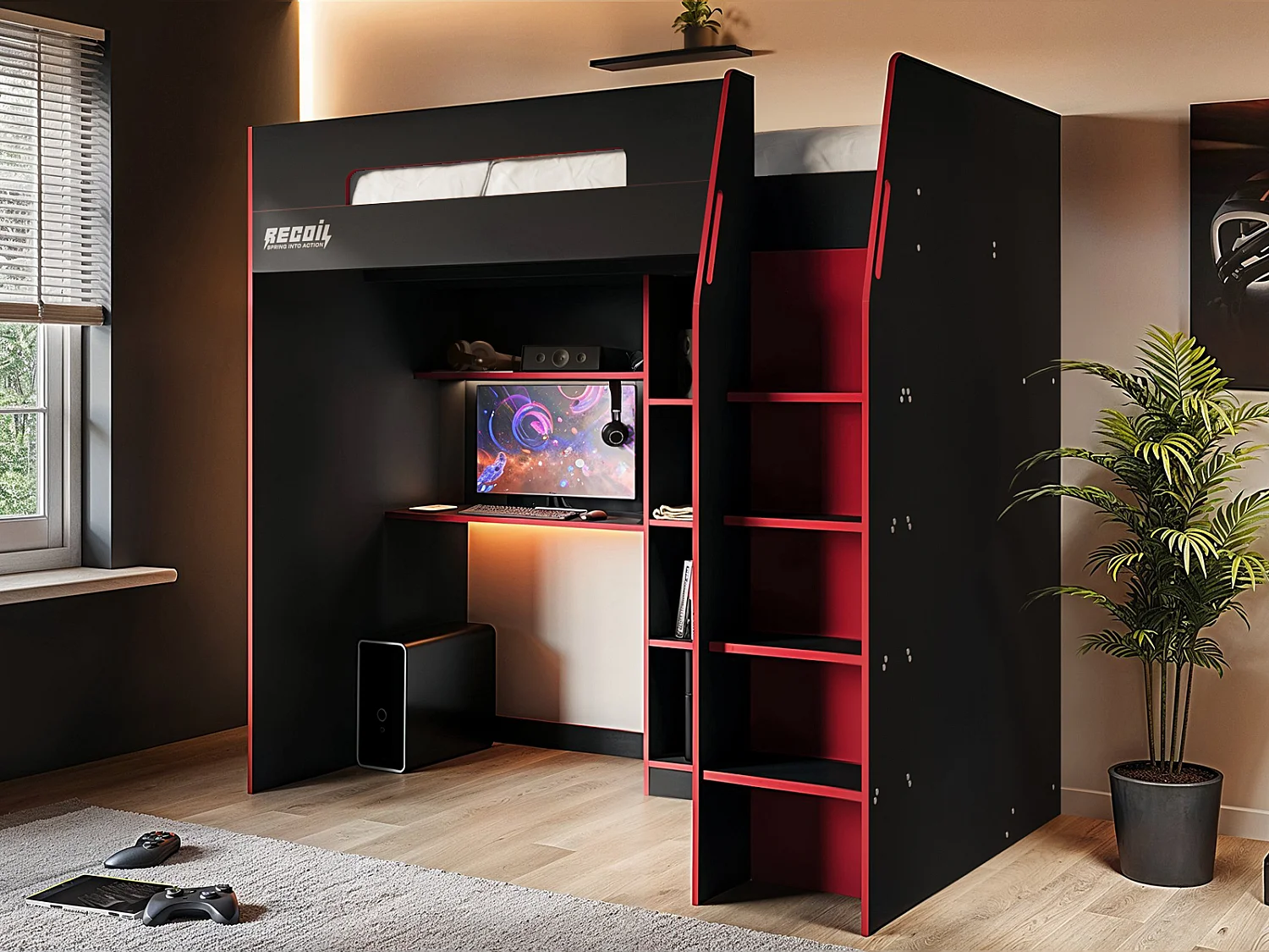 Flair Summit Gaming High Sleeper with Wardrobe Black & Red