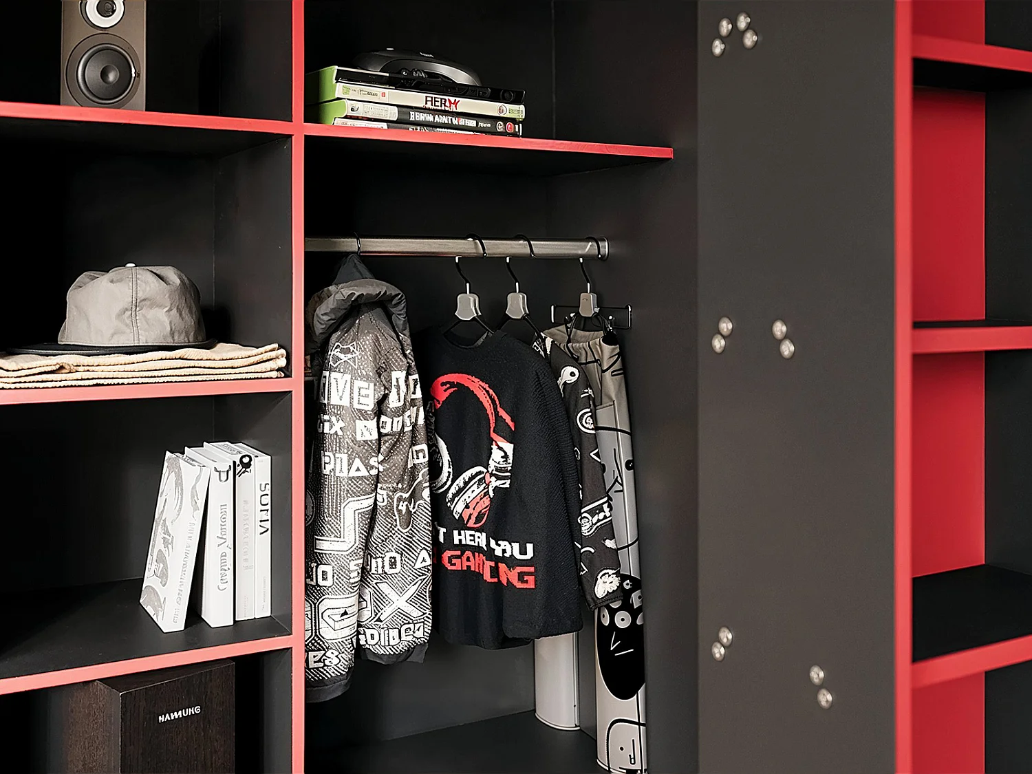 Flair Summit Gaming High Sleeper with Wardrobe Black & Red