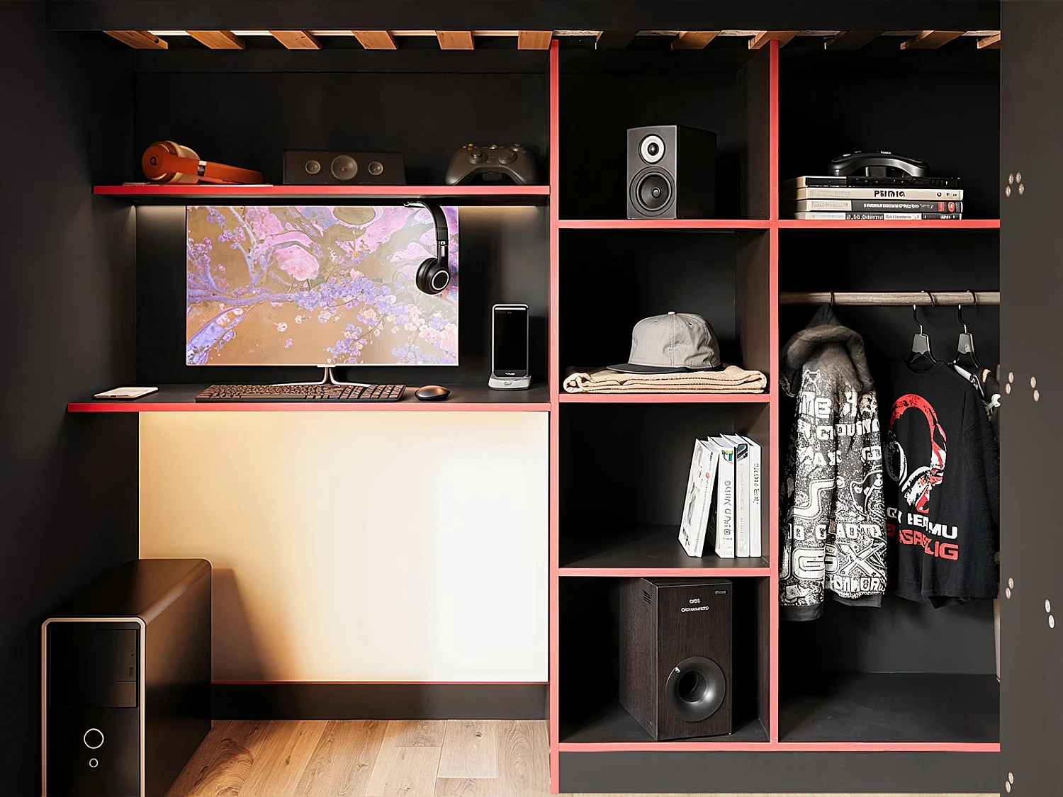 Flair Summit Gaming High Sleeper with Wardrobe Black & Red