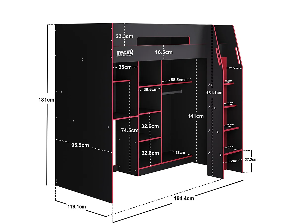 Flair Summit Gaming High Sleeper with Wardrobe Black & Red