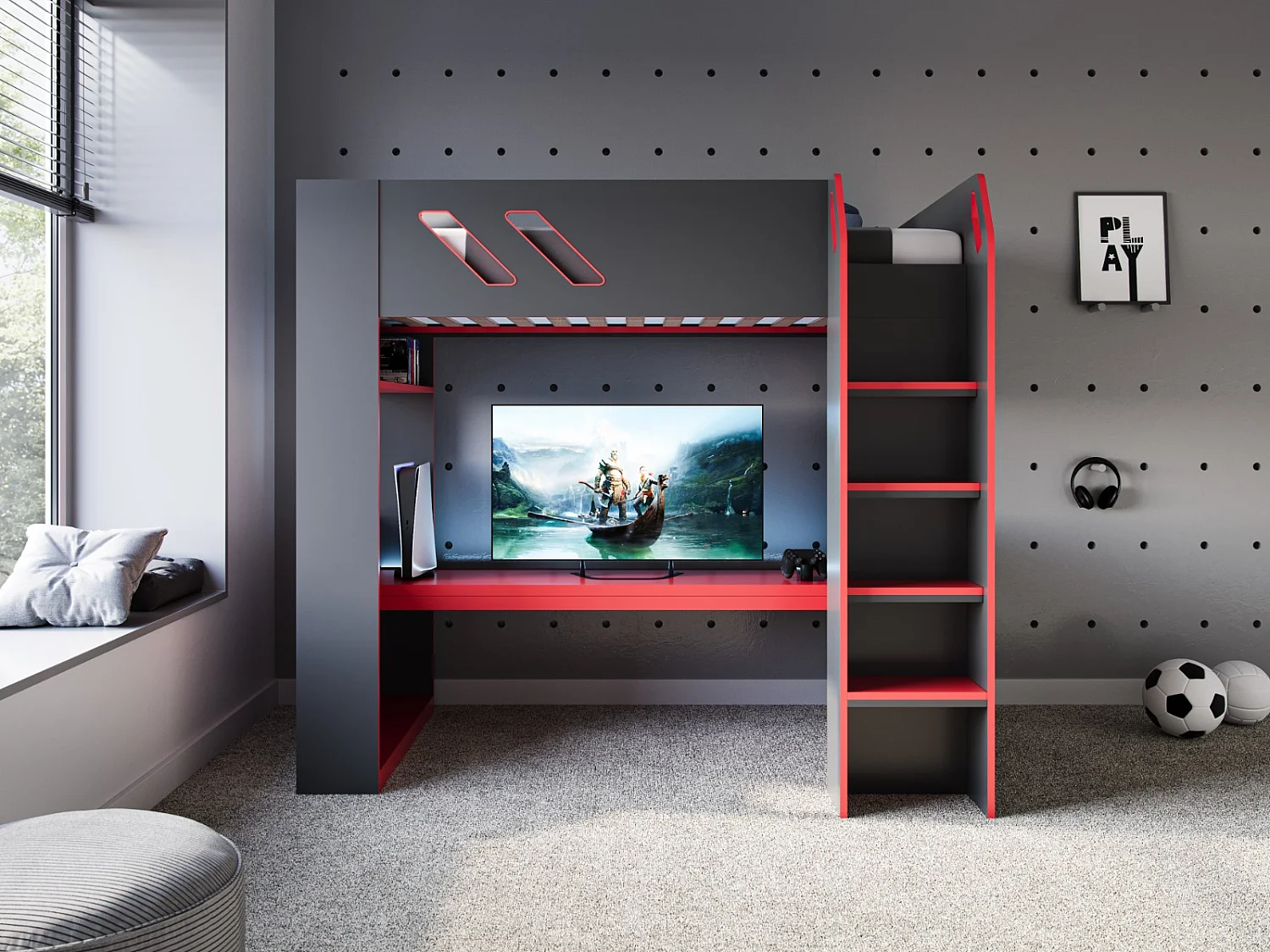 Recoil Orbit Gaming High Sleeper with Adjustable Height Desk Black & Red