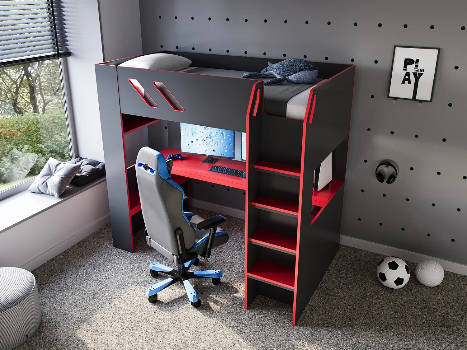 Recoil Orbit Gaming High Sleeper with Adjustable Height Desk Black & Red