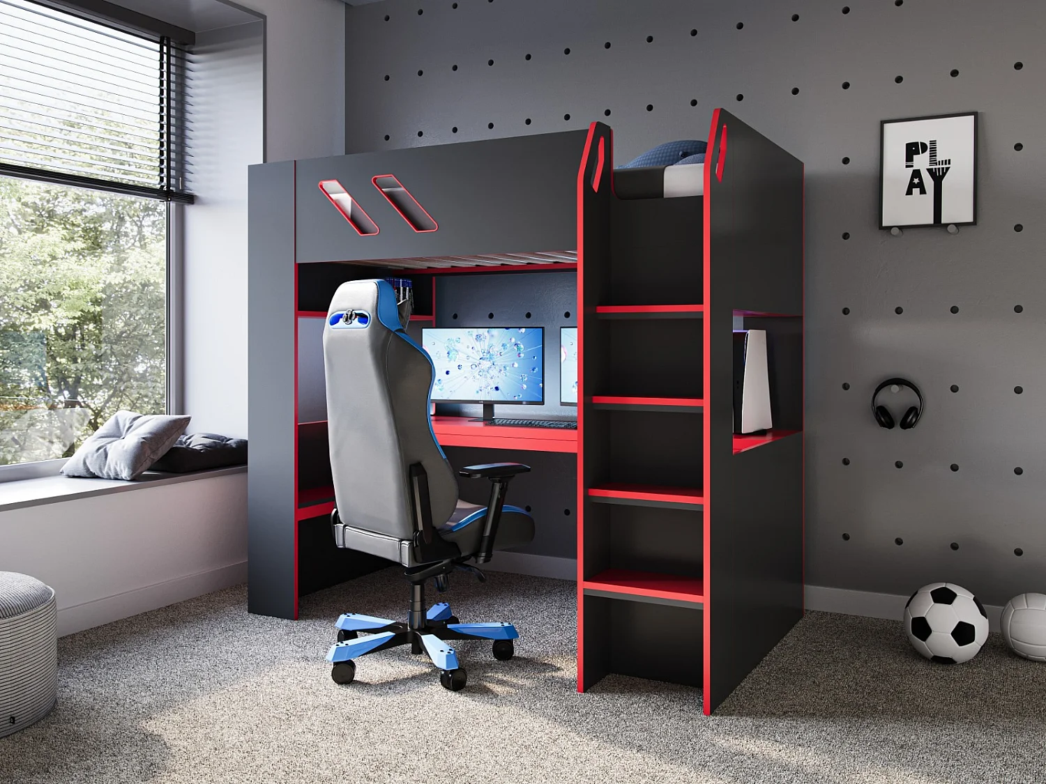 Recoil Orbit Gaming High Sleeper with Adjustable Height Desk Black & Red