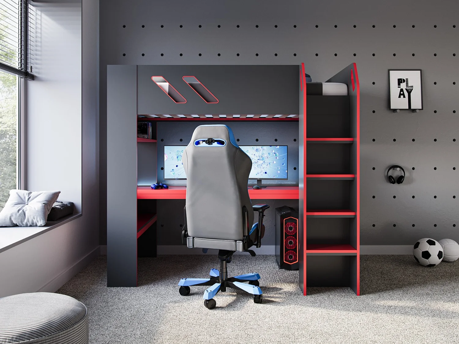 Recoil Orbit Gaming High Sleeper with Adjustable Height Desk Black & Red