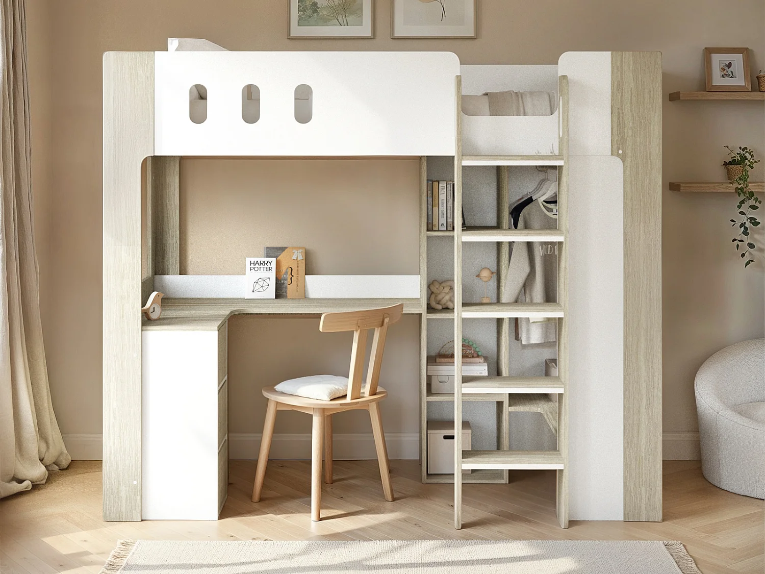 Flair Willow High Sleeper with Desk & Storage White & Oak