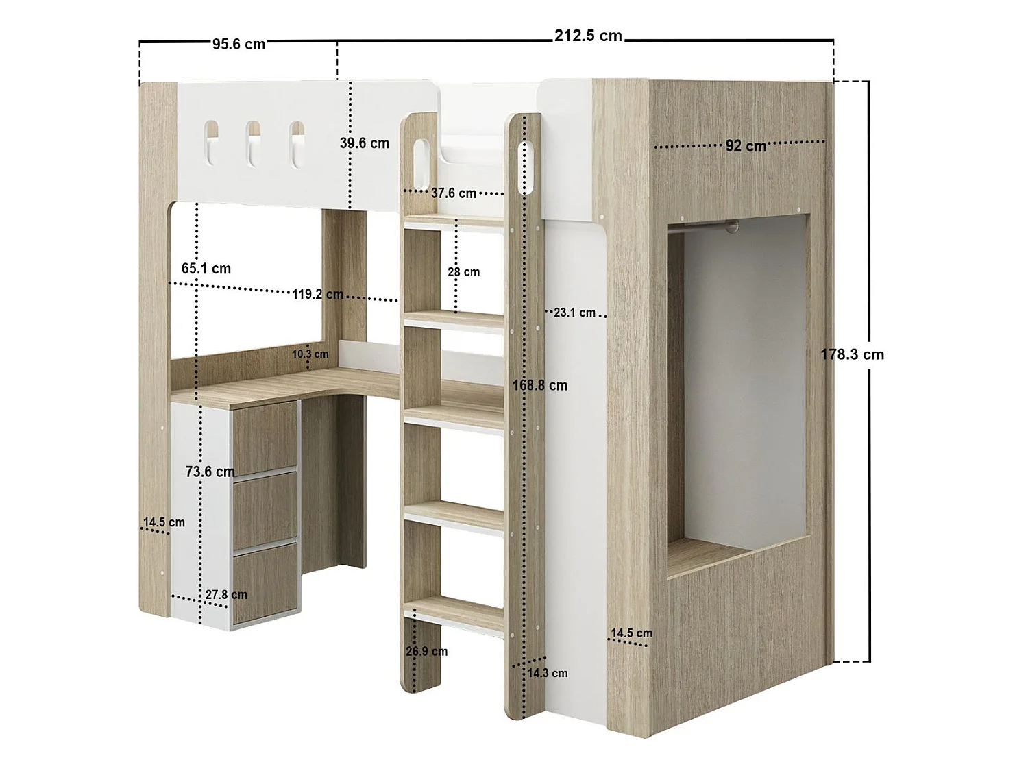 Flair Willow High Sleeper with Desk & Storage White & Oak