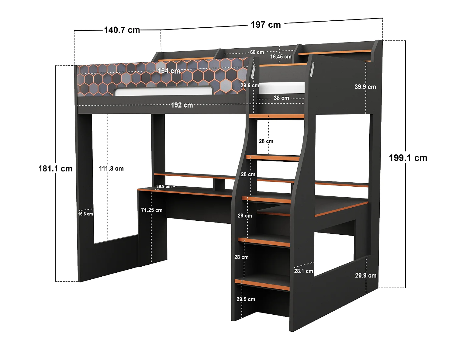 Recoil Ultimate Lumi Small Double Highsleeper with Desk Charcoal & Orange