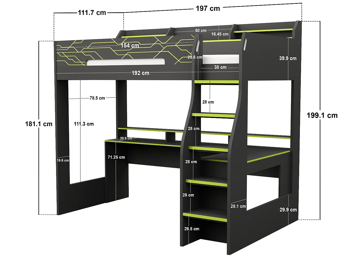 Recoil Ultimate Vivid Single Highsleeper with Desk Charcoal & Green