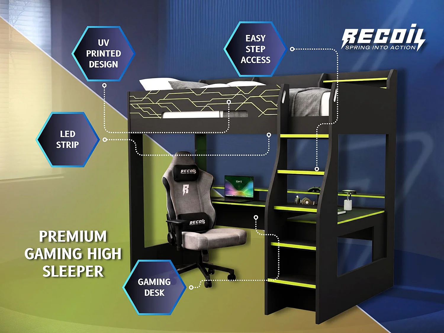 Recoil Ultimate Vivid Small Double Highsleeper with Desk Charcoal & Green