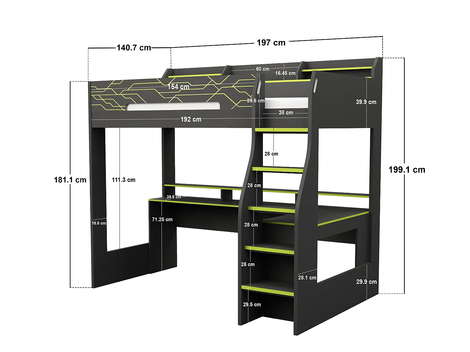 Recoil Ultimate Vivid Small Double Highsleeper with Desk Charcoal & Green