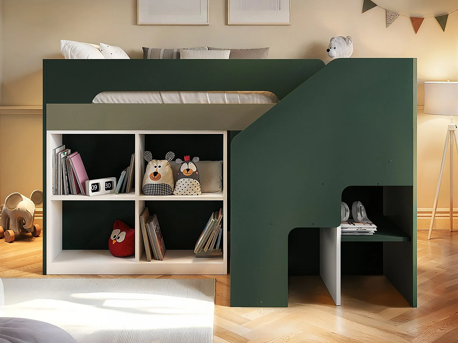Flair Quinn Staircase Mid Sleeper Bed with Storage Green