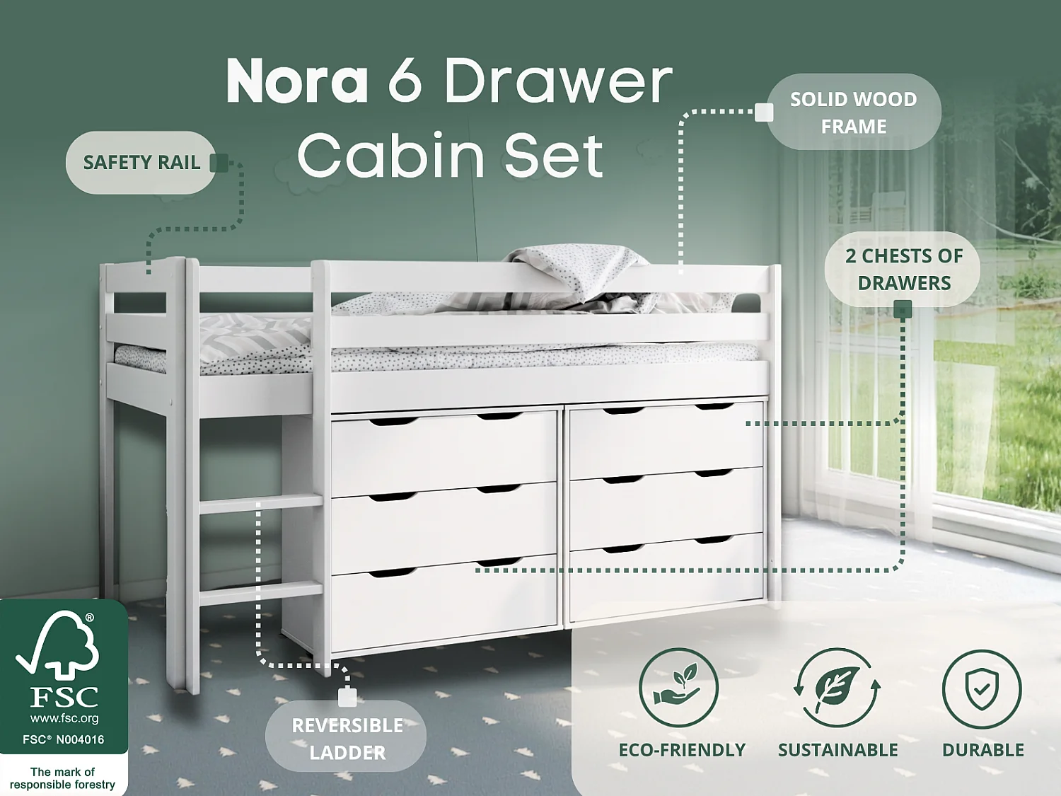 Noomi Nora Mid Sleeper 6 Drawer Set White