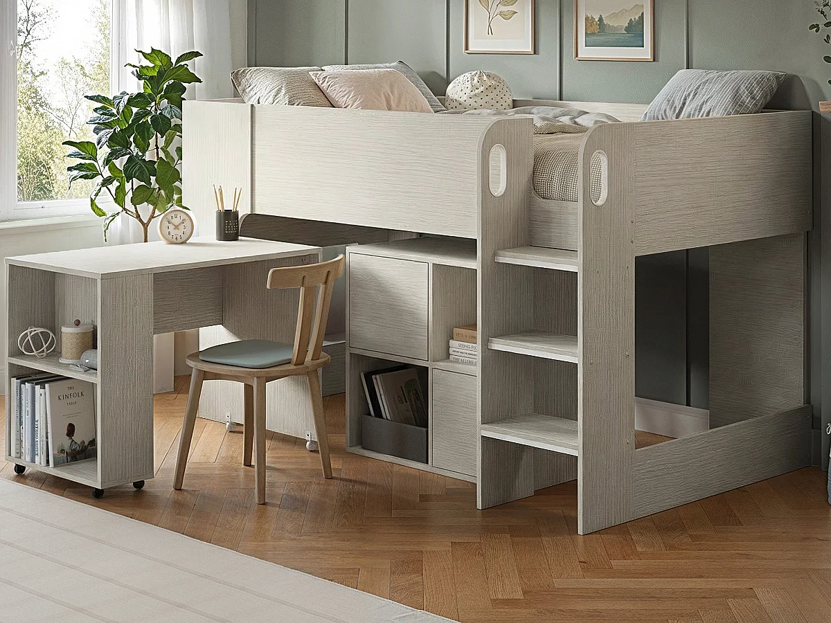 Flair Leo Mid Sleeper Bed with Desk & Storage Scandi Light Oak