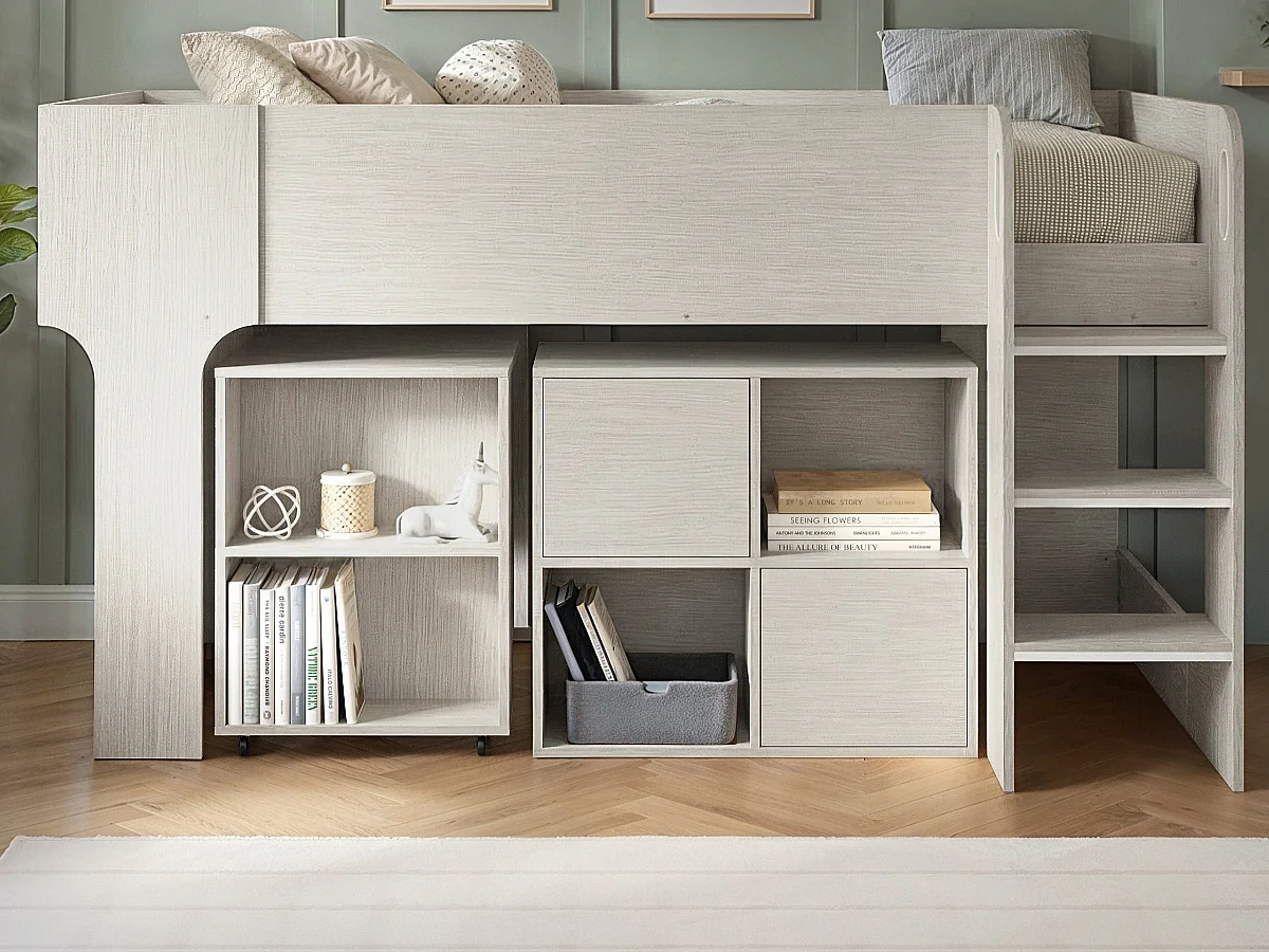 Flair Leo Mid Sleeper Bed with Desk & Storage Scandi Light Oak