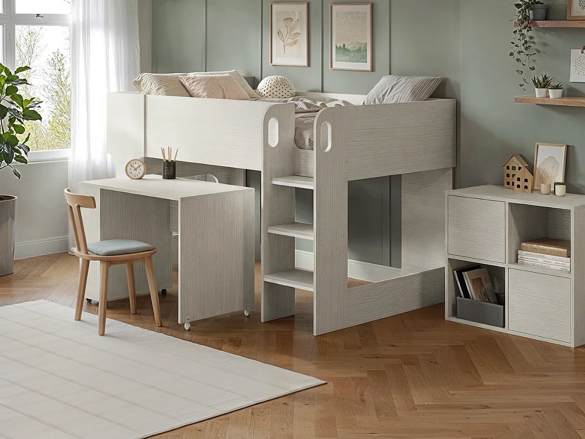 Flair Leo Mid Sleeper Bed with Desk & Storage Scandi Light Oak