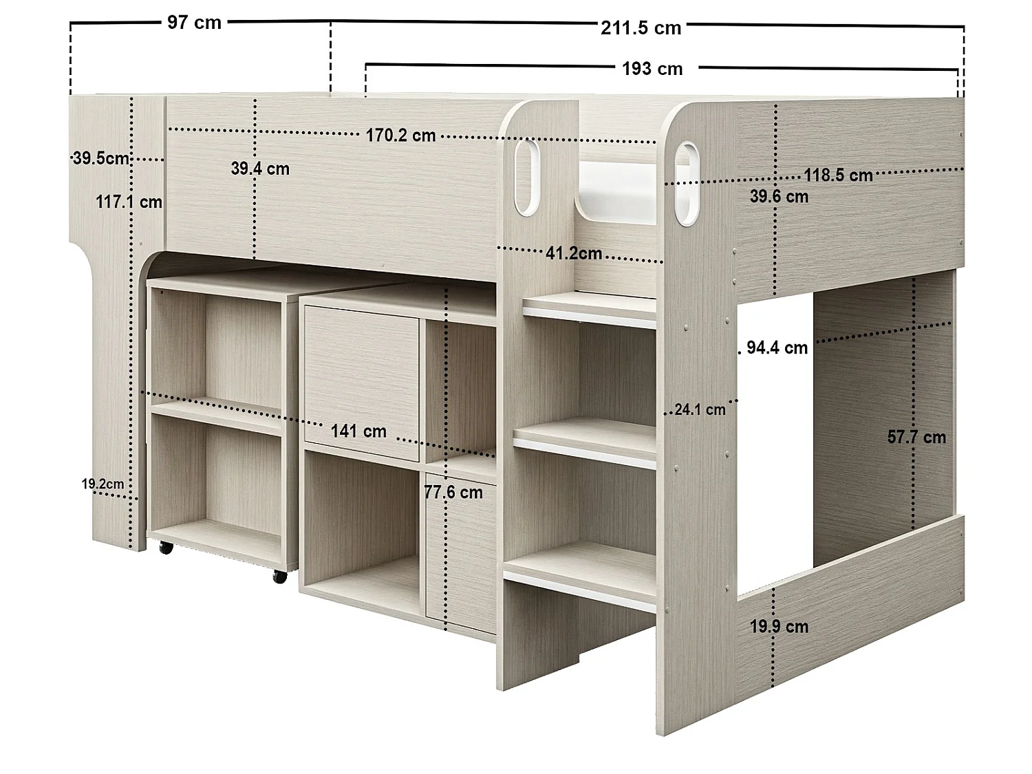 Flair Leo Mid Sleeper Bed with Desk & Storage Scandi Light Oak