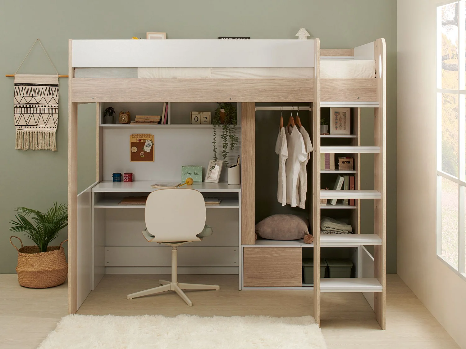 Flair Hampton High Sleeper with Desk - White & Oak