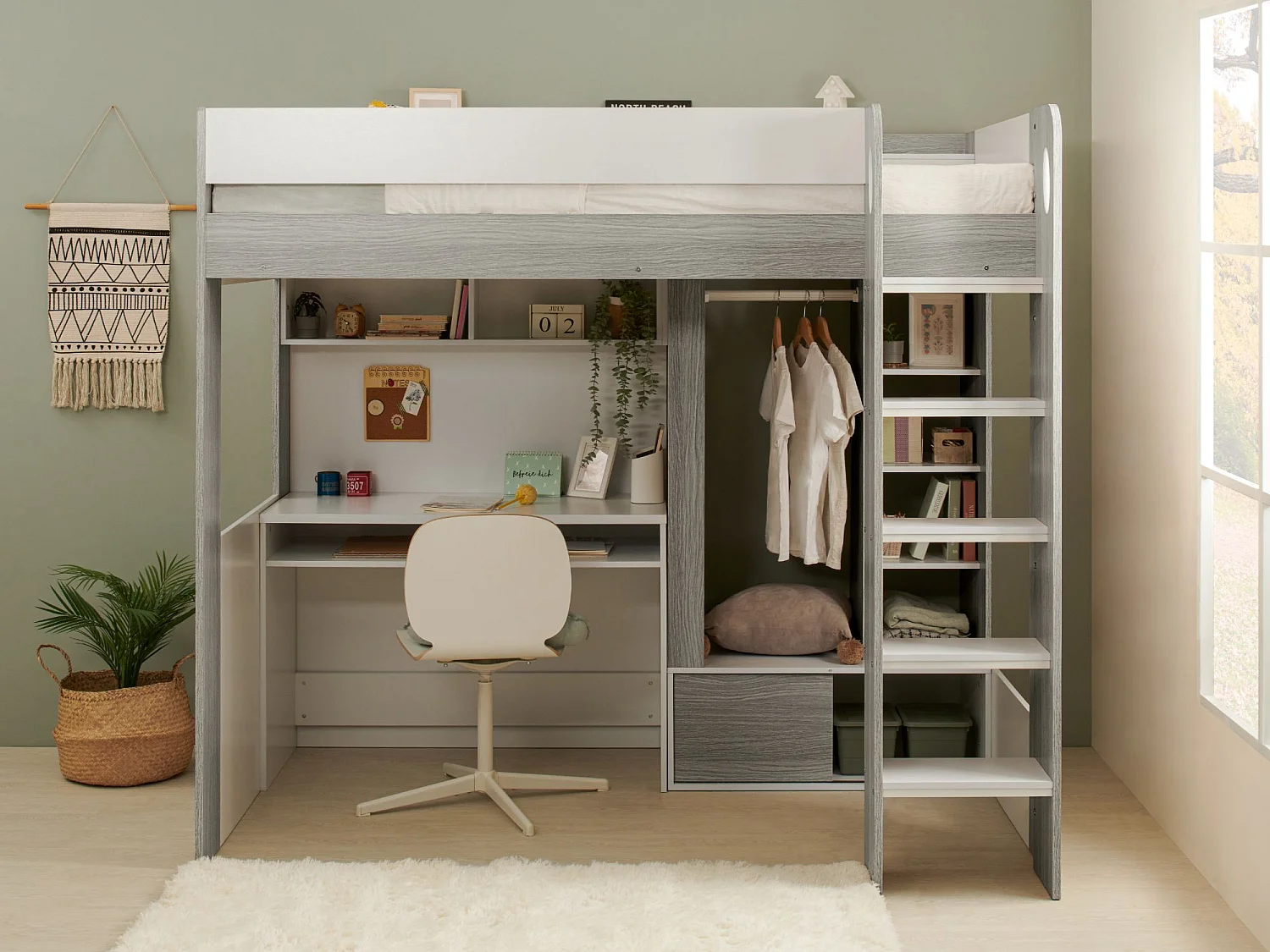 Flair Hampton High Sleeper with Desk - White & Grey