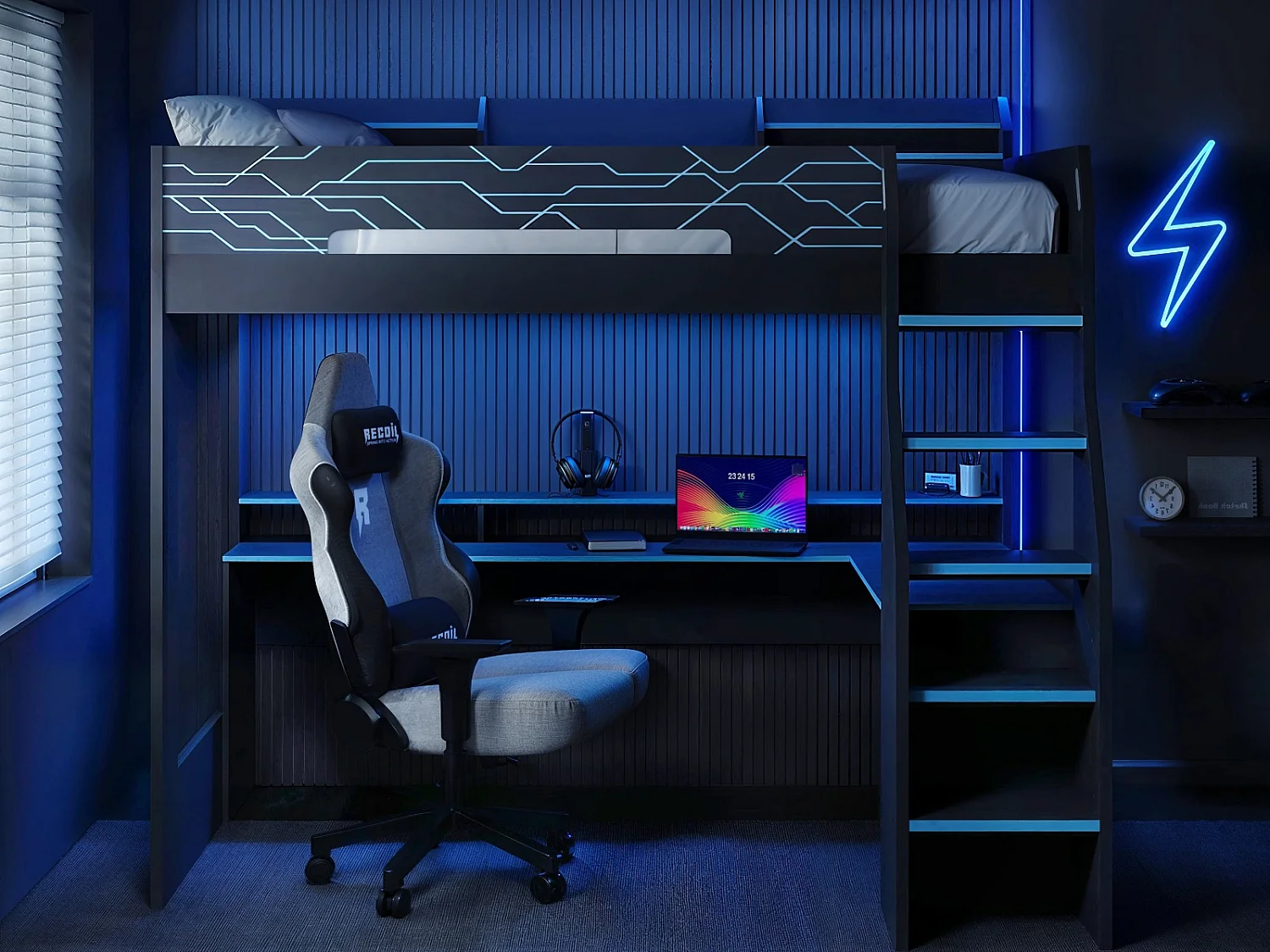 Flair Ultimate Neon Single Gaming High Sleeper Charcoal & Blue