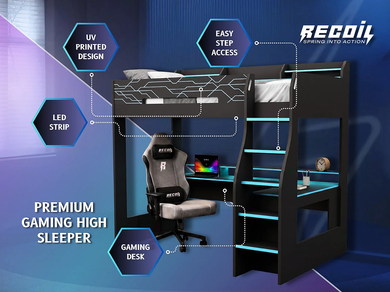 Flair Ultimate Neon Single Gaming High Sleeper Charcoal & Blue