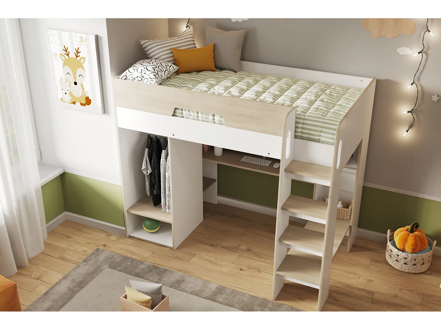 Flair Coco High Sleeper Workstation with Wardrobe White and Oak
