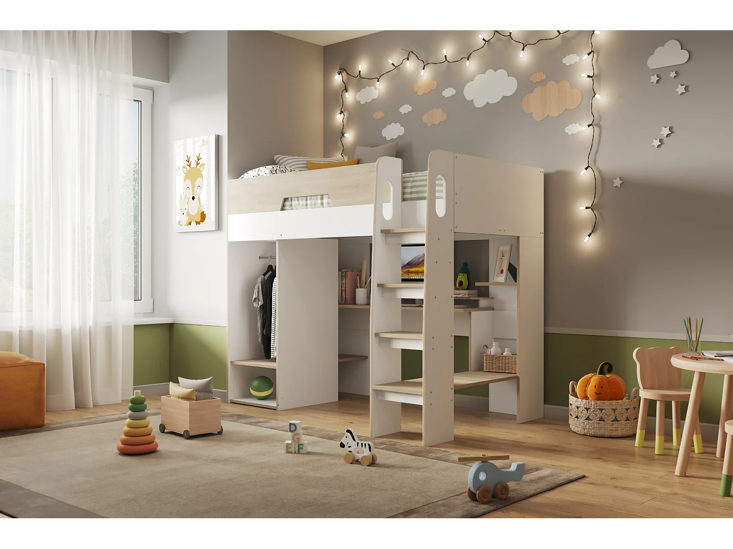 Flair Coco High Sleeper Workstation with Wardrobe White and Oak