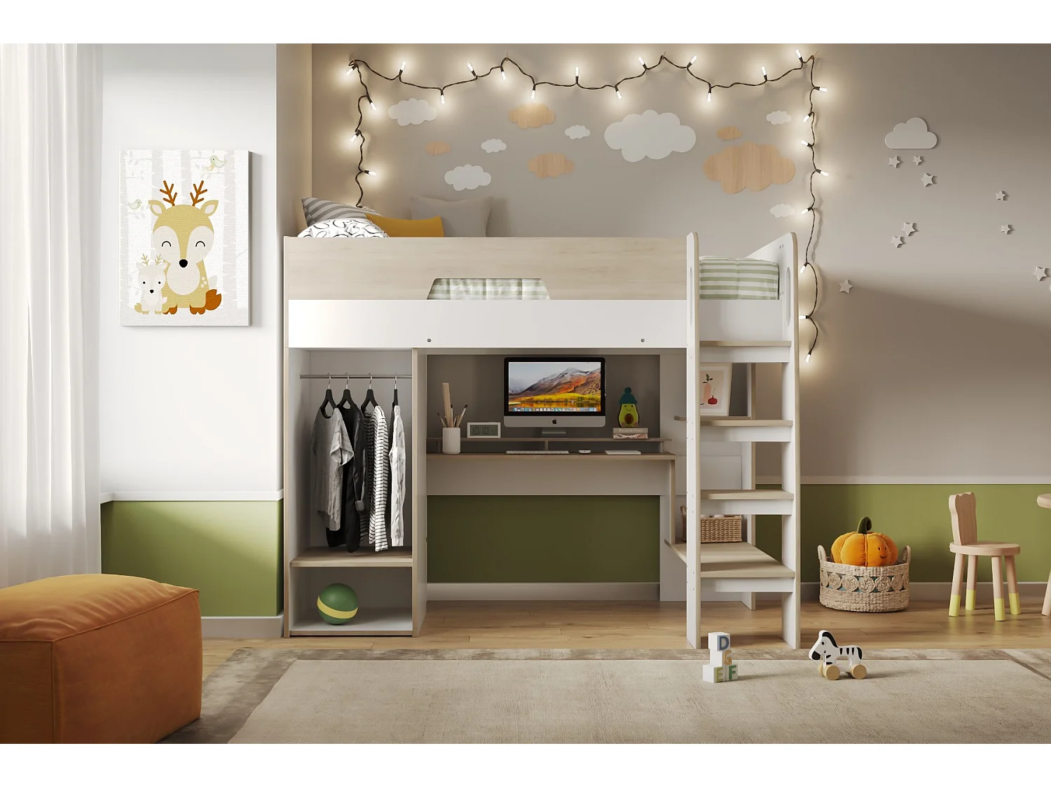 Flair Coco High Sleeper Workstation with Wardrobe White and Oak