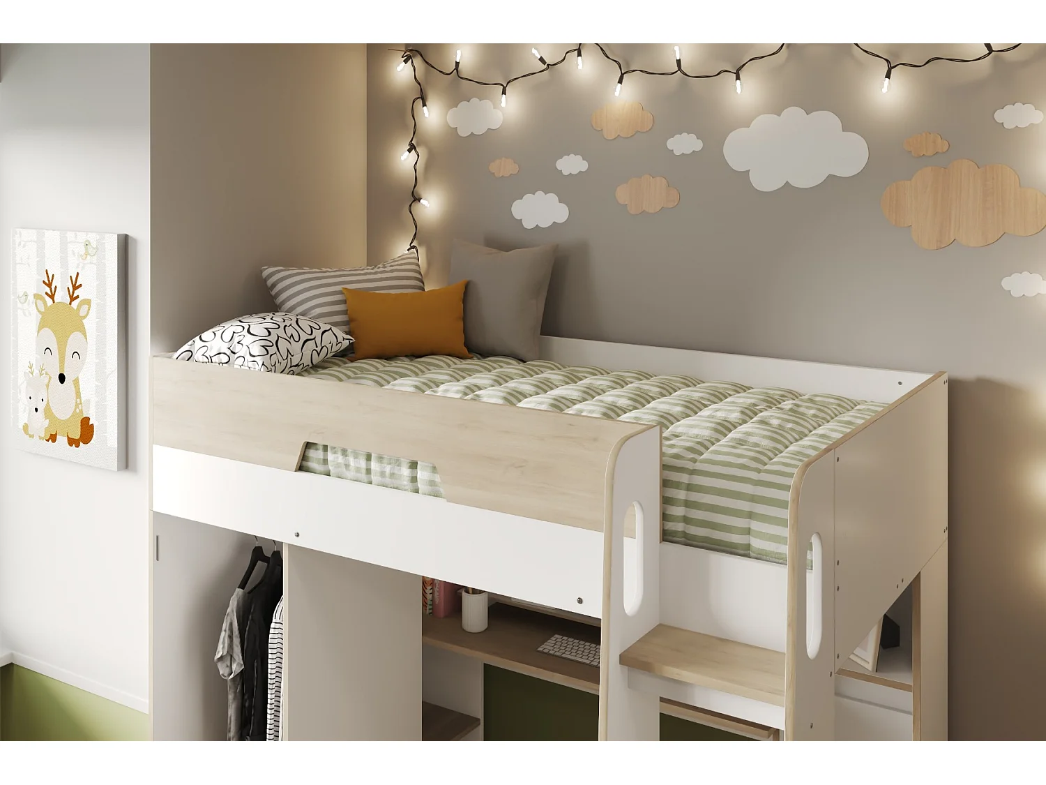 Flair Coco High Sleeper Workstation with Wardrobe White and Oak