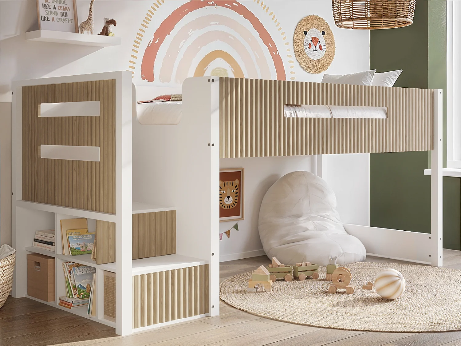 Flair Luca Mid Sleeper with 3 Drawer Chest Ribbed White & Oak