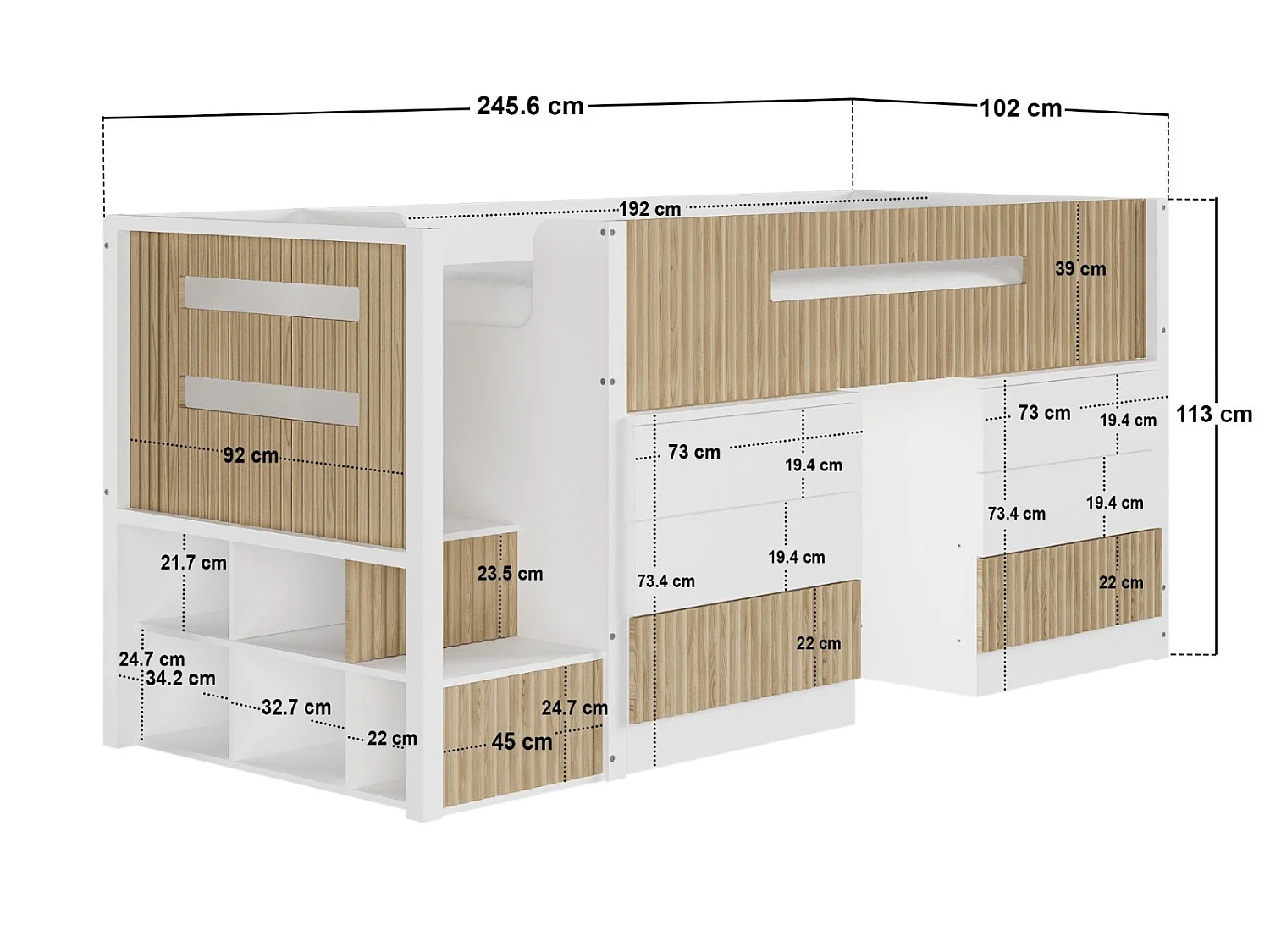 Flair Luca Mid Sleeper with 3 Drawers Chest Pair Ribbed White & Oak
