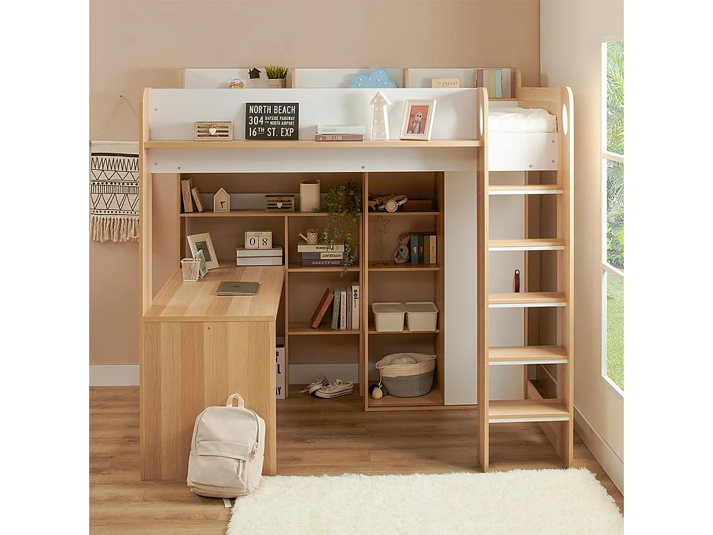 Flair Ava High Sleeper with Desk & Storage Oak & White