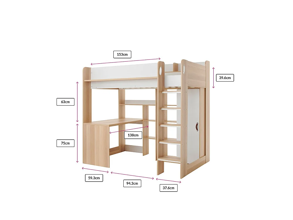 Flair Ava High Sleeper with Desk & Storage Oak & White