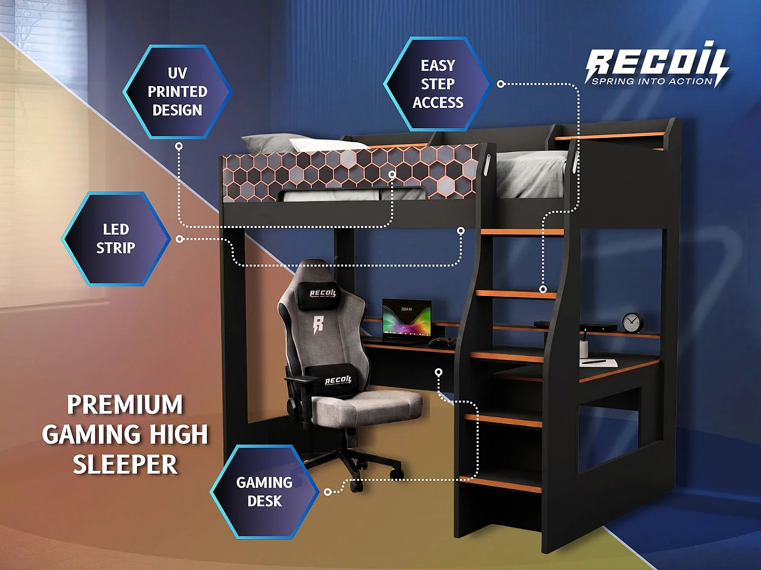 Recoil Ultimate Lumi Single Highsleeper with Desk Charcoal & Orange