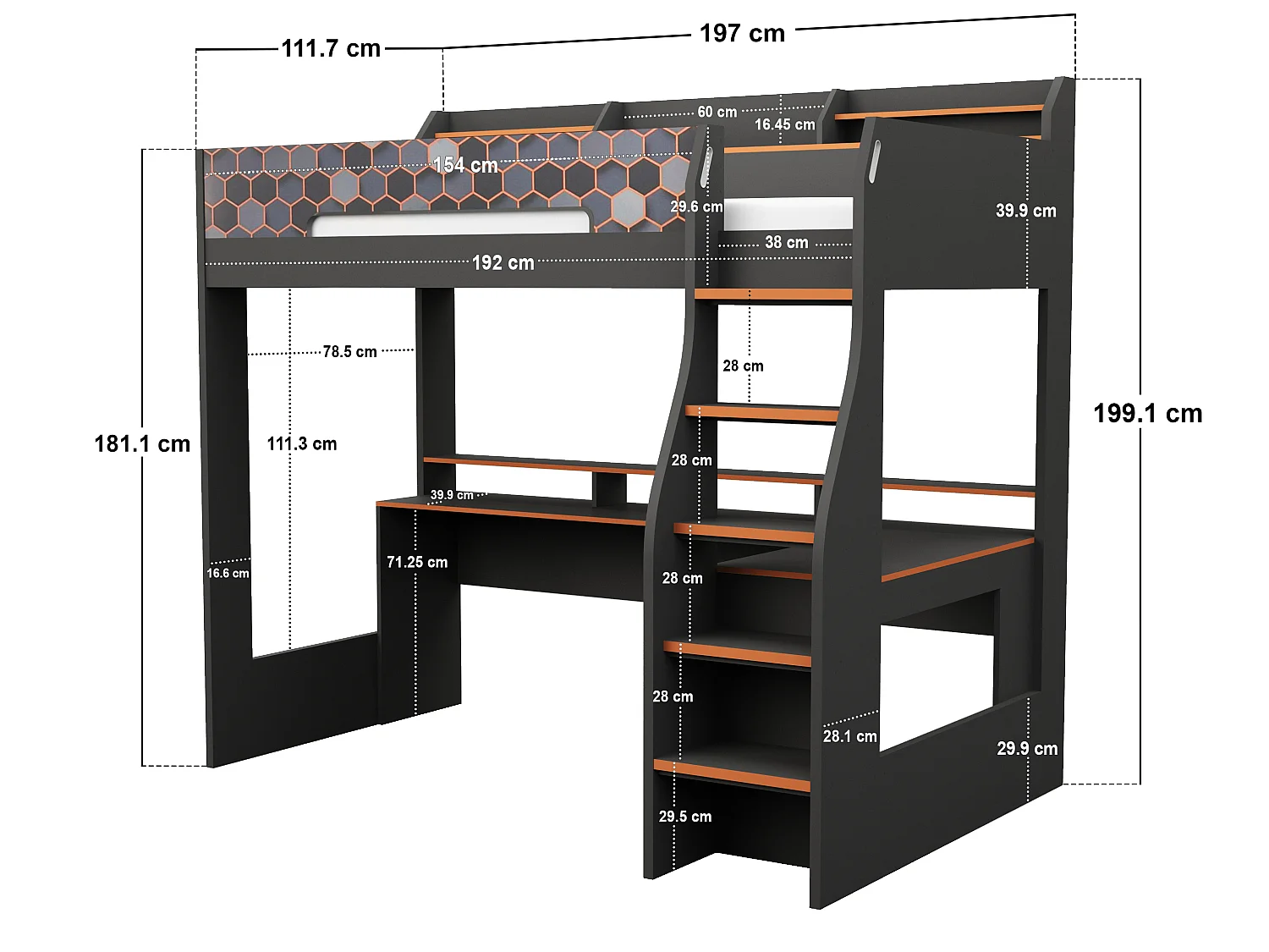 Recoil Ultimate Lumi Single Highsleeper with Desk Charcoal & Orange