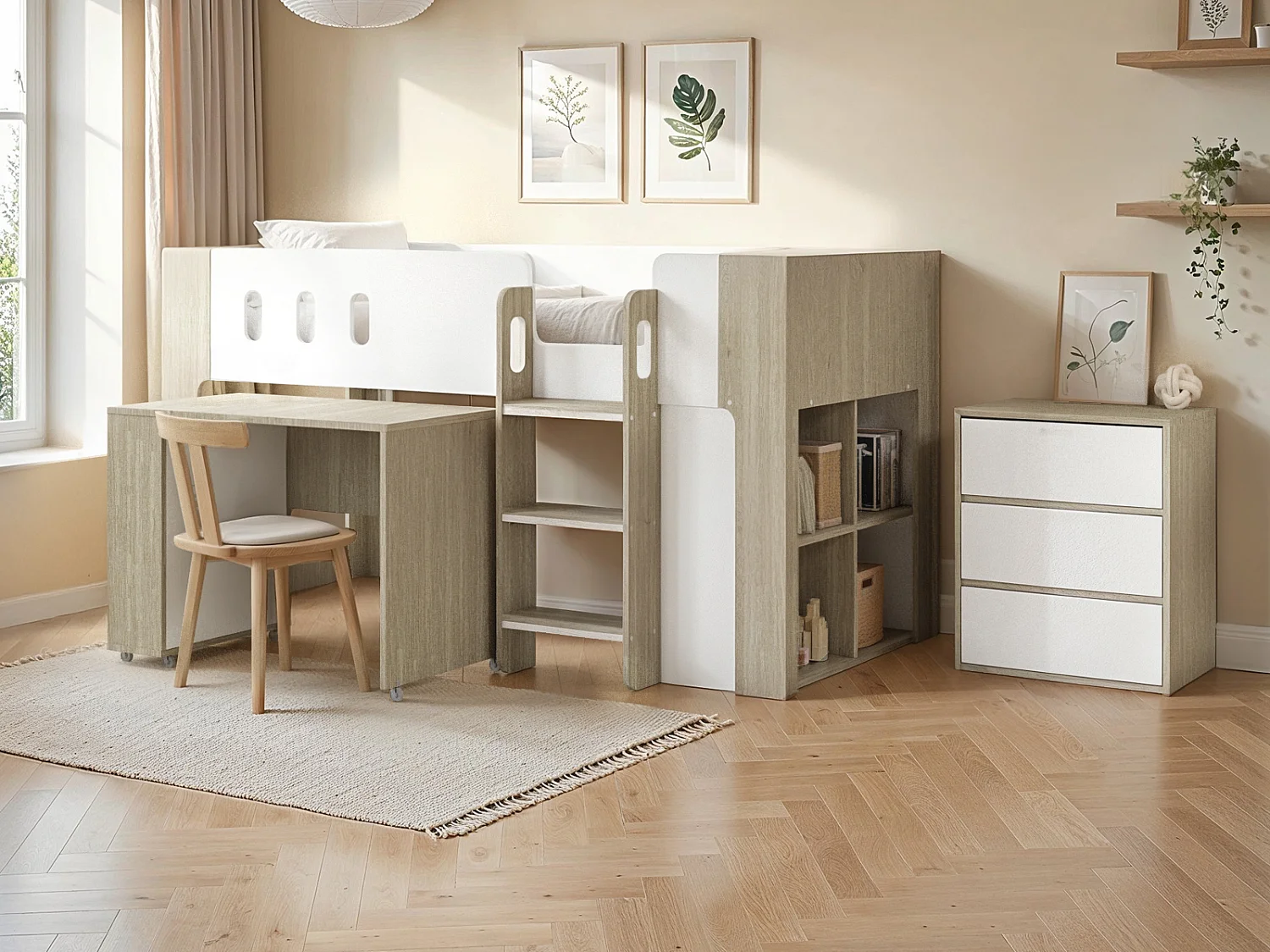 Flair Willow Mid Sleeper Bed with Desk & Storage White & Oak