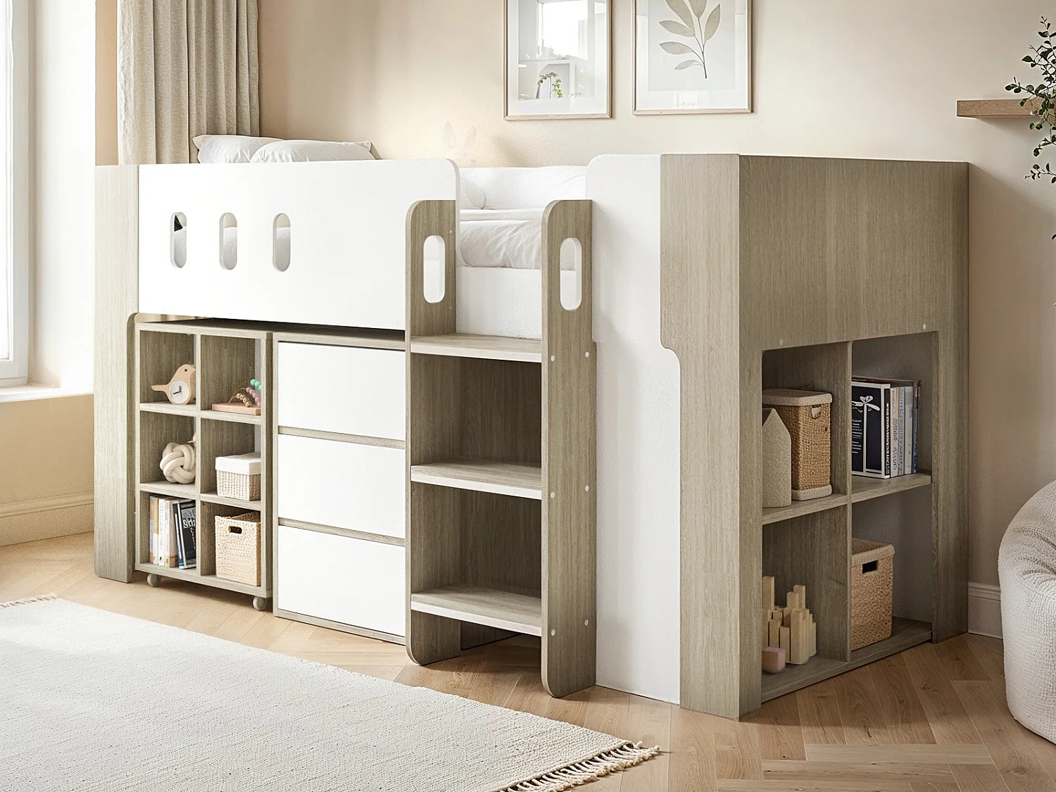 Flair Willow Mid Sleeper Bed with Desk & Storage White & Oak