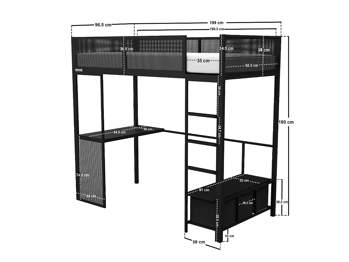 Recoil Glitch Metal Gaming High Sleeper with Desk Black