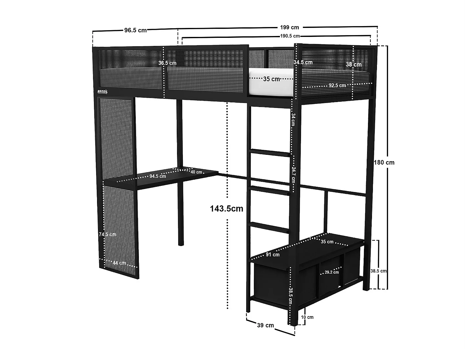 Recoil Glitch Metal Gaming High Sleeper with Desk Black