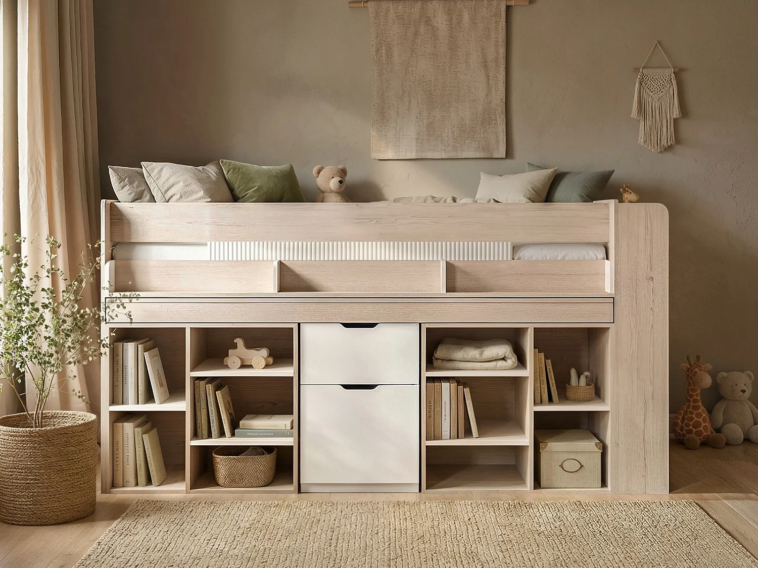 Flair Micah Mid Sleeper Bed with Desk Oak & White