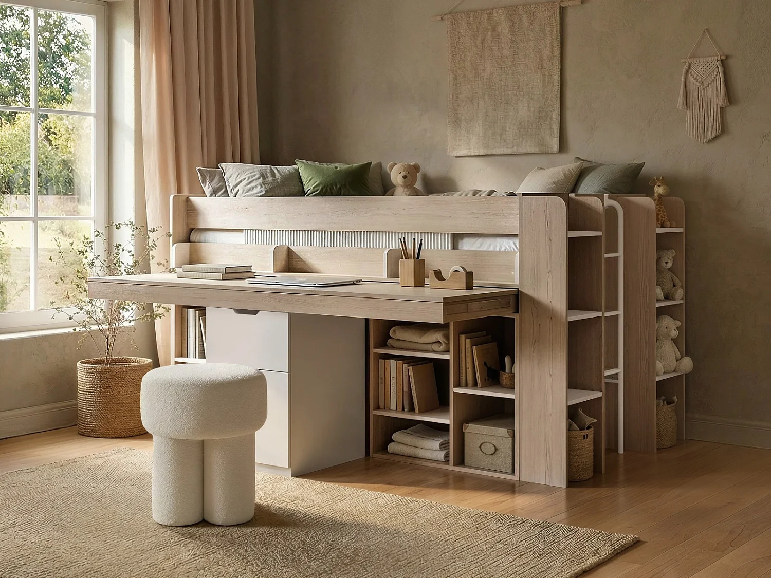 Flair Micah Mid Sleeper Bed with Desk Oak & White