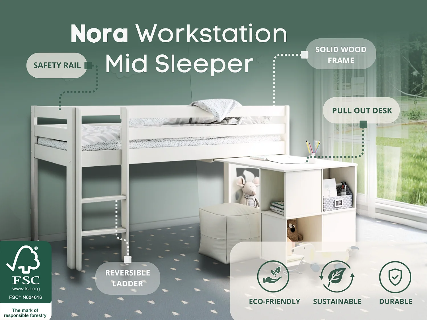 Noomi Nora Mid Sleeper Workstation Cabin White