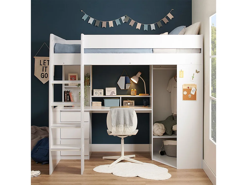 Flair Harper High Sleeper with Desk & Wardrobe White