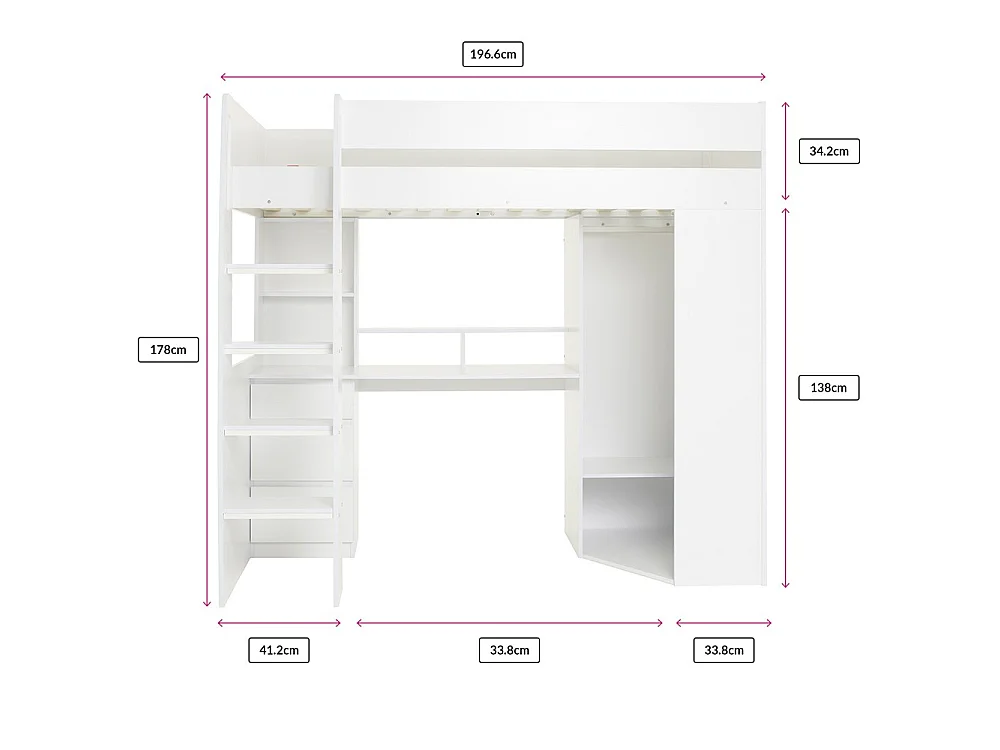 Flair Harper High Sleeper with Desk & Wardrobe White
