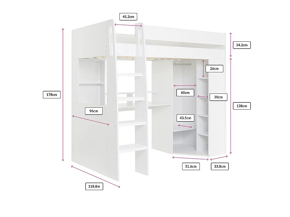 Flair Harper High Sleeper with Desk & Wardrobe White