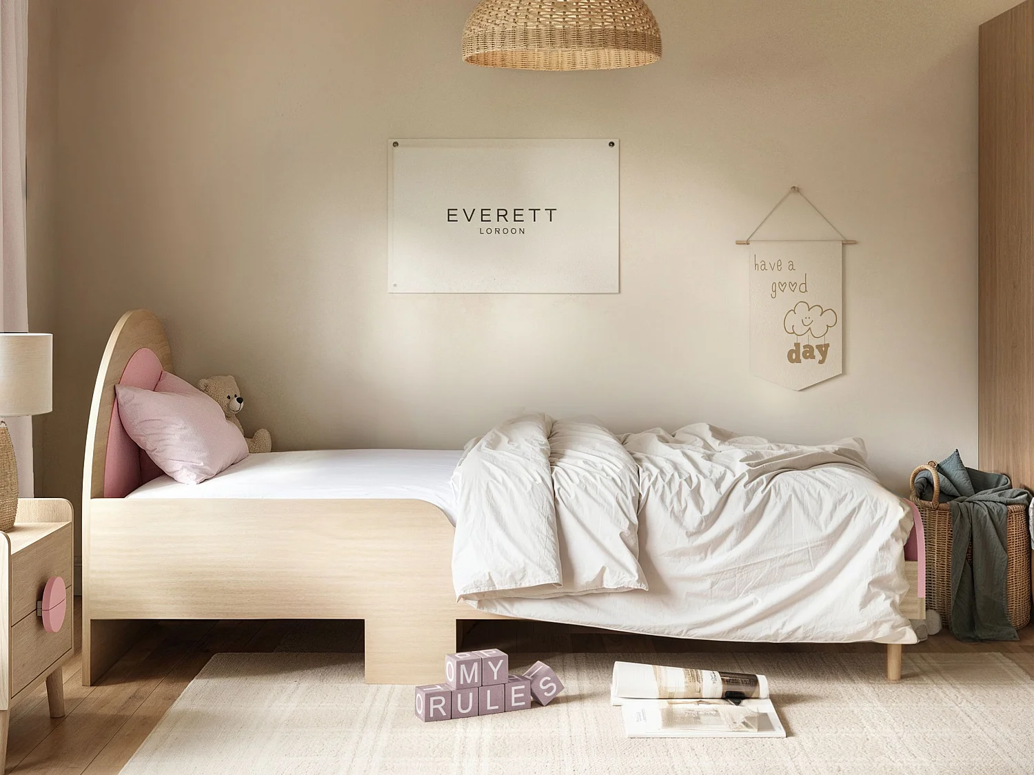 Flair Noah Single Curved Headboard Bed Oak & Pink