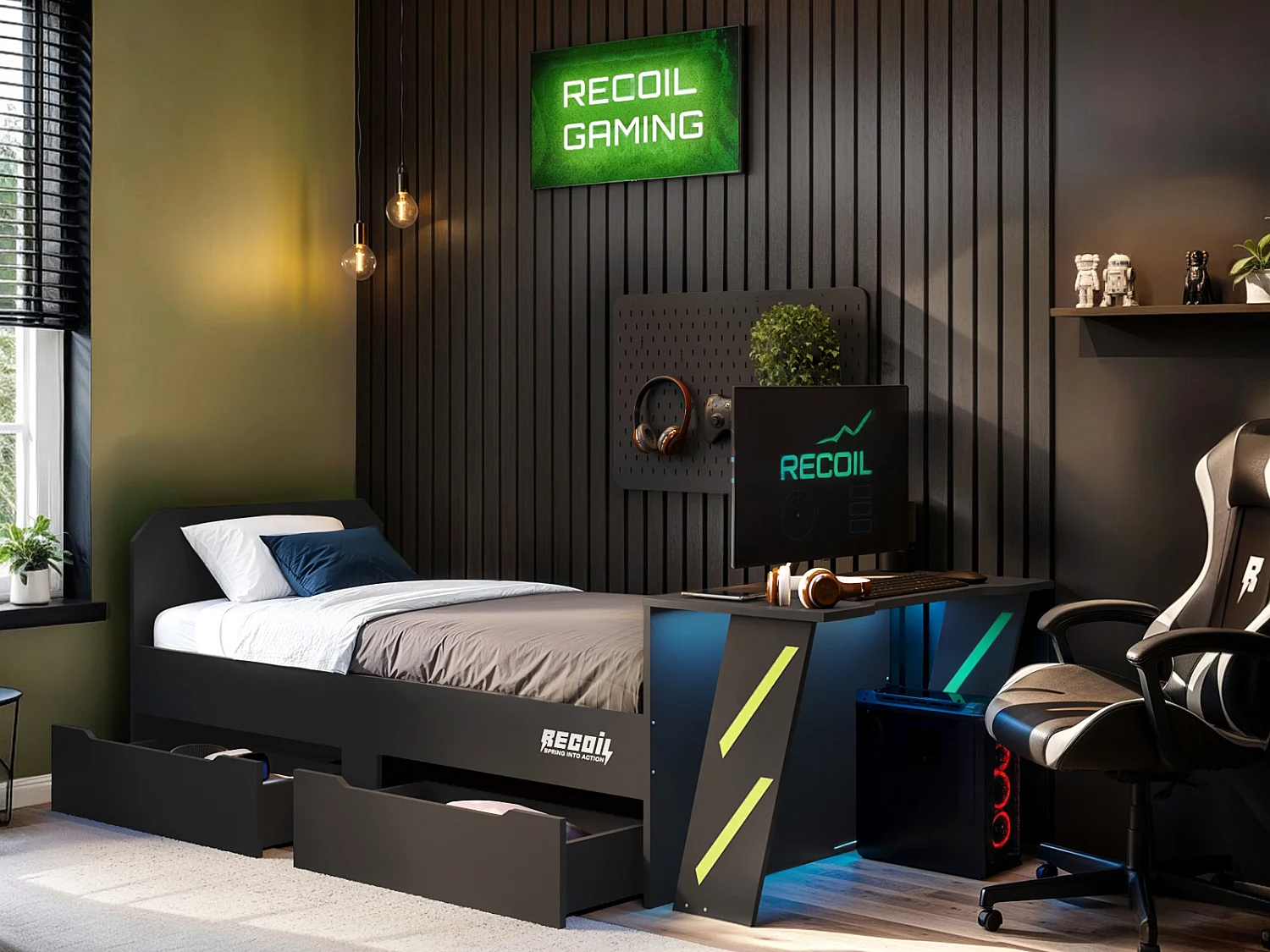 Recoil Alister Gaming Single Bed with Desk Charcoal & Green