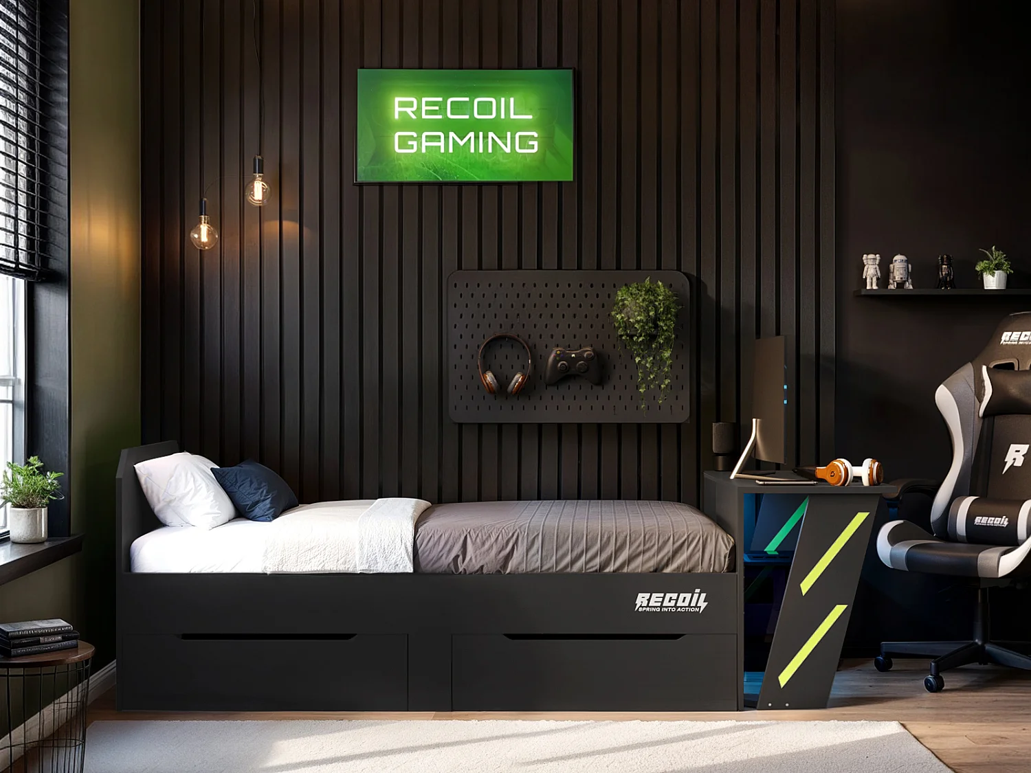 Recoil Alister Gaming Single Bed with Desk Charcoal & Green